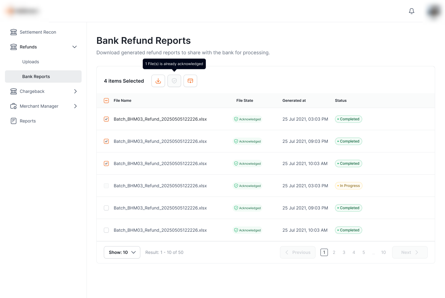 Bulk selection toolbar with download and acknowledge, plus a guard tooltip