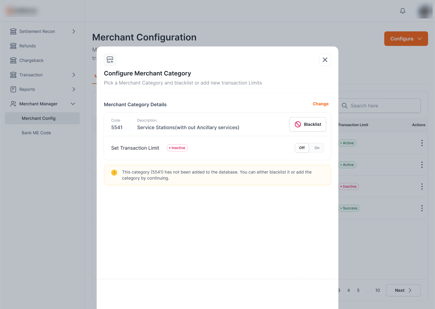 Configure Merchant Category: selected category with Blacklist and Set Transaction Limit