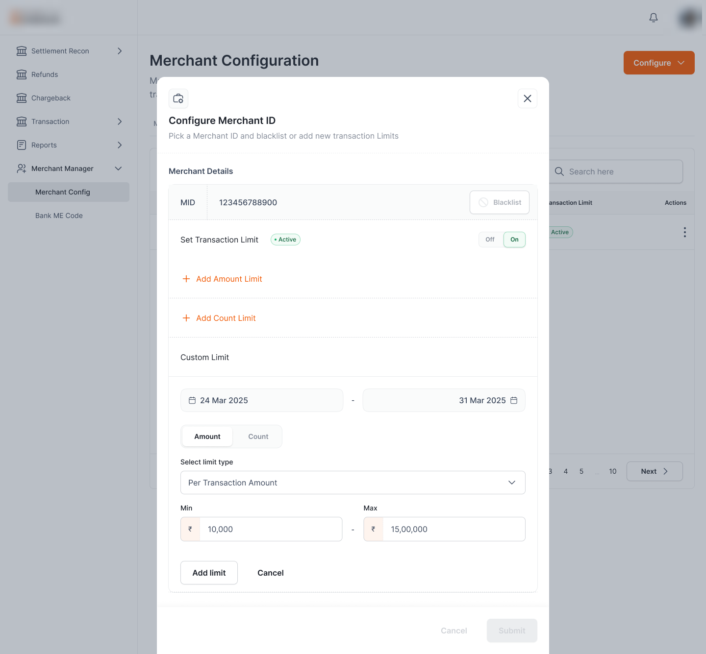 Set Transaction Limit: custom limit with a date range and amount/count toggle