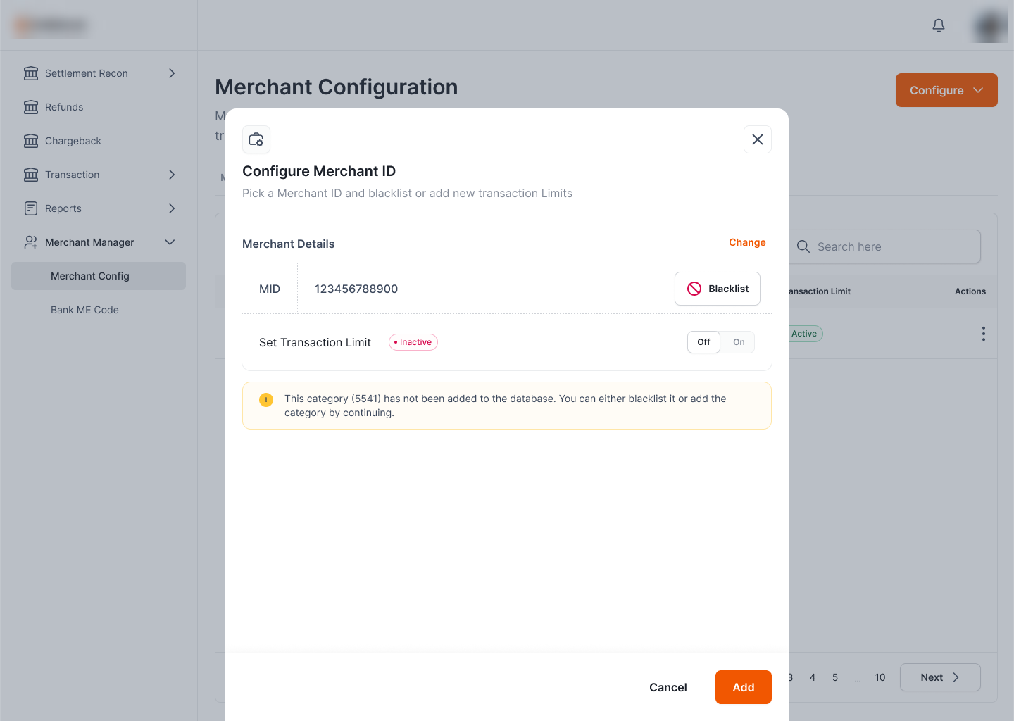 Configure Merchant ID: MID with Blacklist and Set Transaction Limit