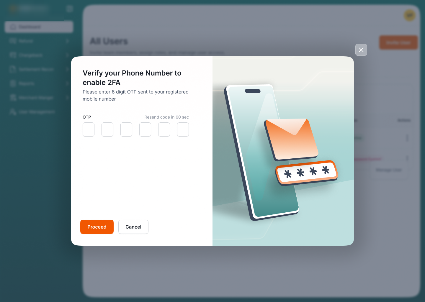 Partner A-themed 2FA OTP verification modal
