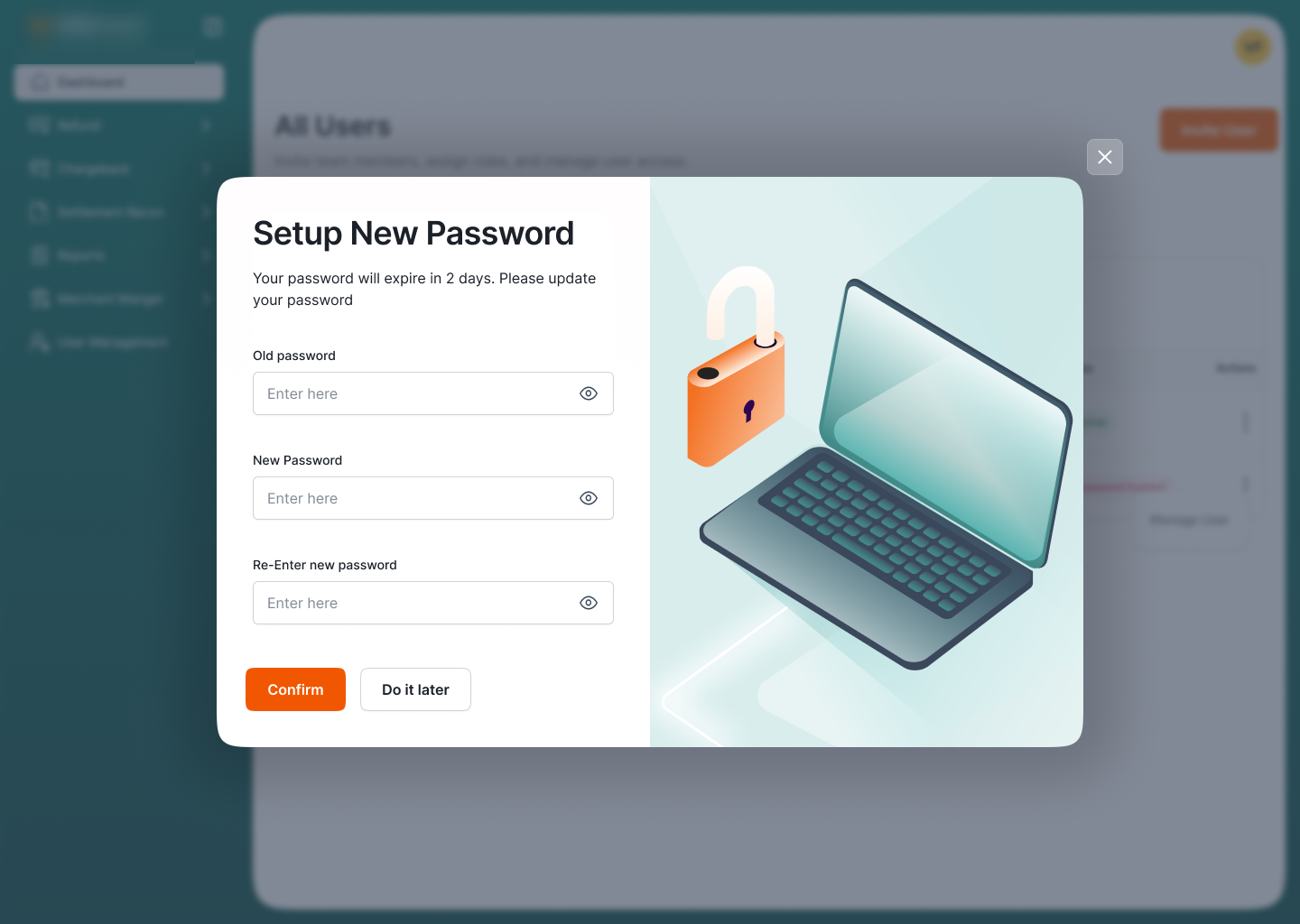 Partner A-themed set-password modal with re-tinted illustration