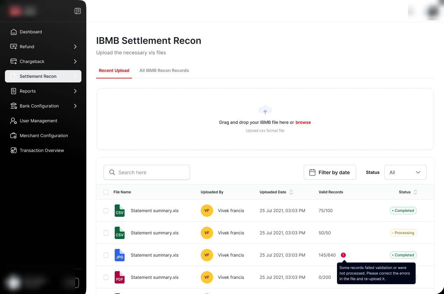 Partner B-themed settlement recon upload screen, dark theme