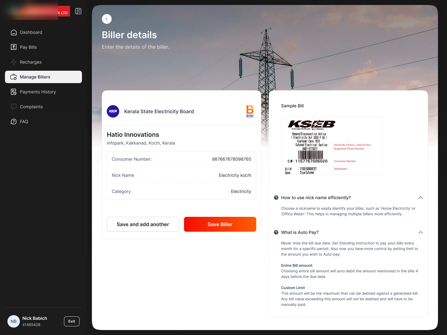 Biller details · form, sample bill with the consumer number highlighted, inline help