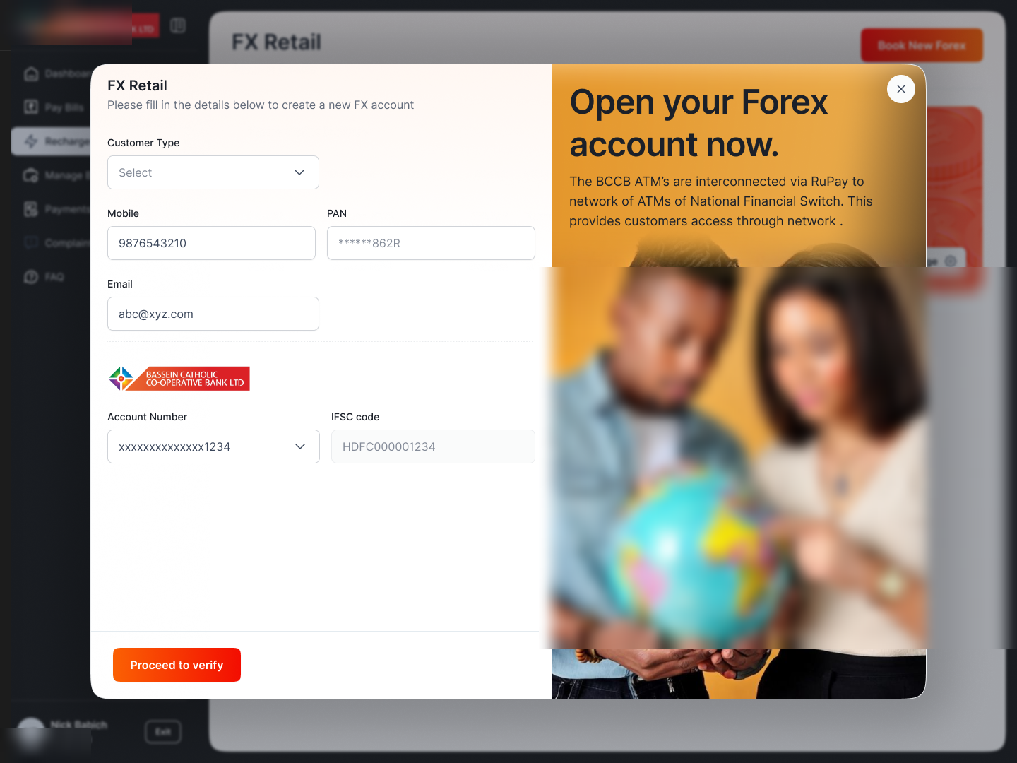 FX Retail · create account form with customer details and verification