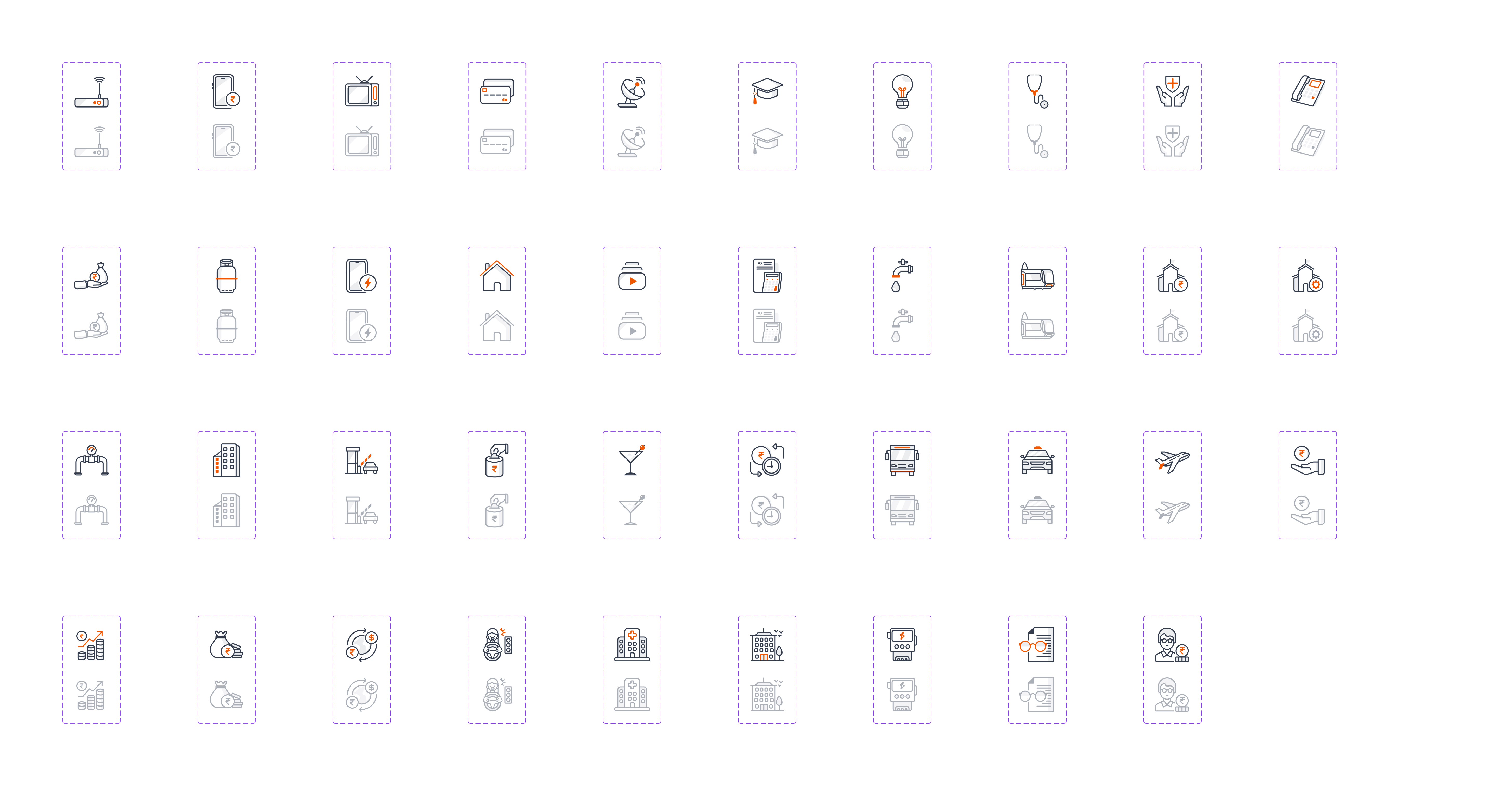 Grid of ~40 biller-category micro-illustrations in one line style