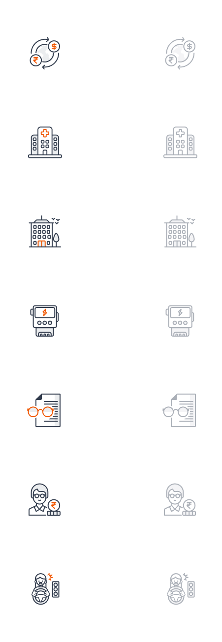 Micro-illustrations in active (dark + orange) and inactive (grey) states