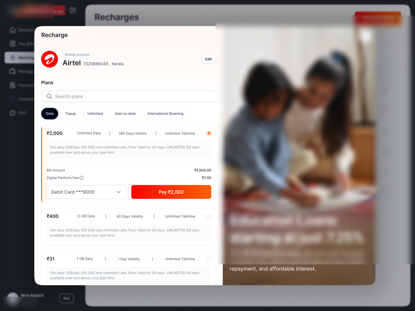 Recharge plan picker · Airtel, plans grouped by type, pay action, offer banner