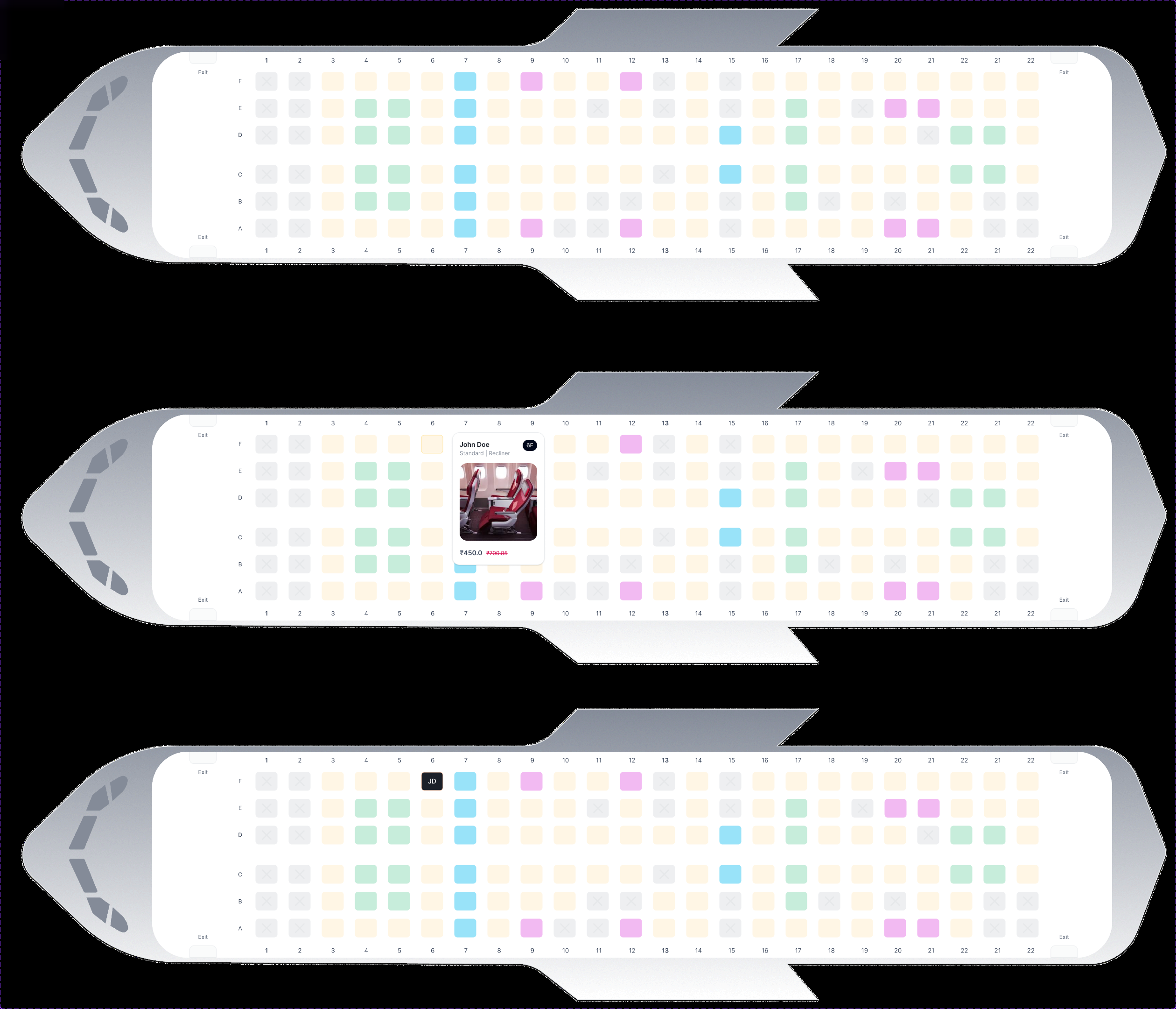 Seat-map states · available, selected with traveller, and assigned