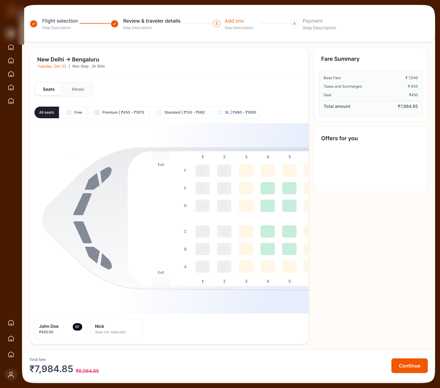 Seats visual design · fuselage seat map, class legend with prices, per-traveller assignment, live fare