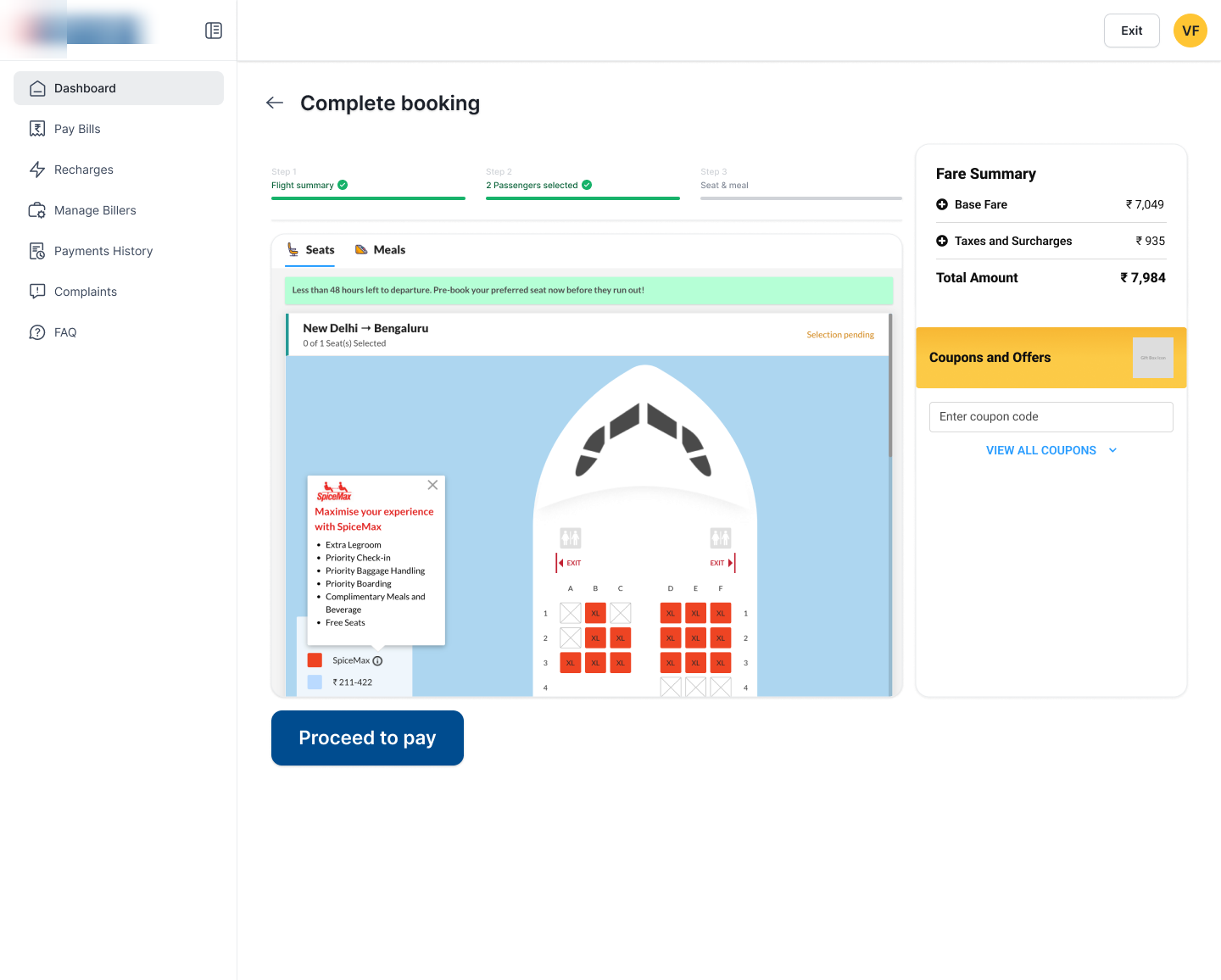 Seat & meal wireframe · seat map, SpiceMax upsell, urgency banner, fare summary
