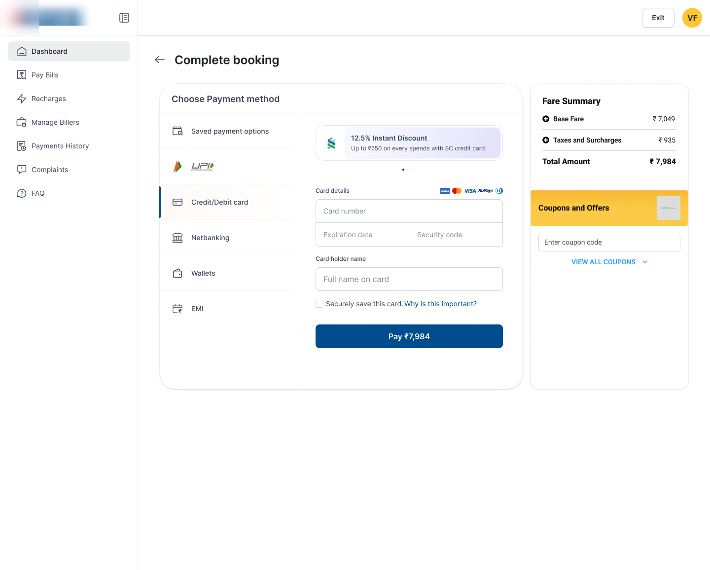 Payment wireframe · payment-method rail, card form, instant discount, fare summary, coupons