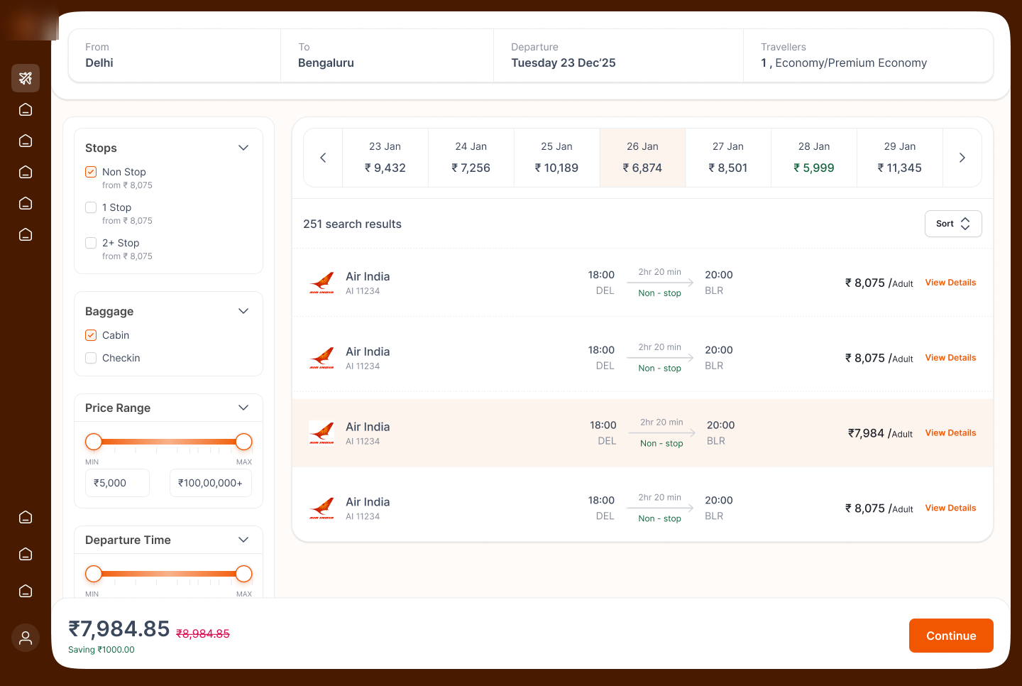 In-app travel booking · flight results screen