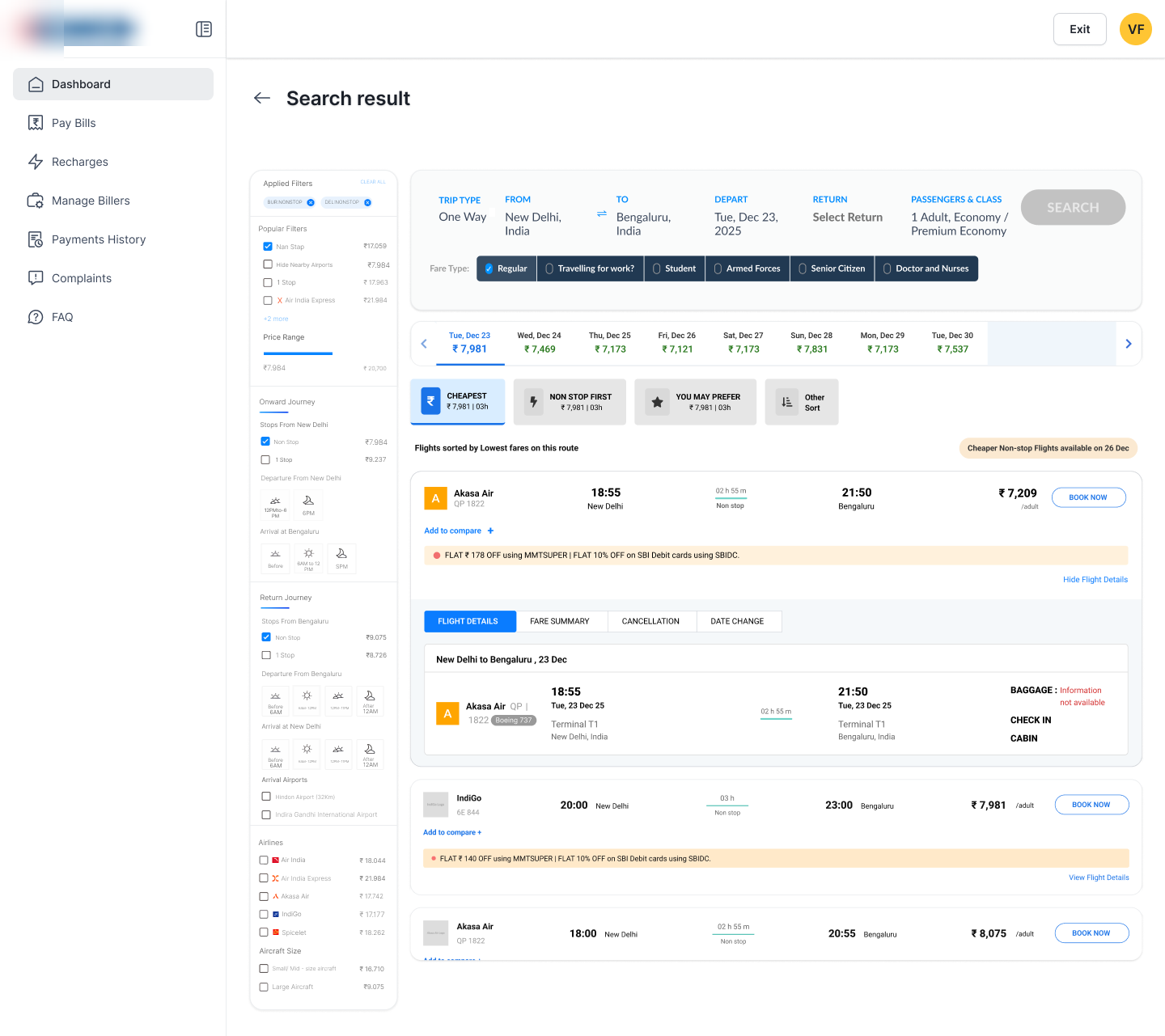 Flight listing wireframe in the client's app · filters, fare tabs, flight rows