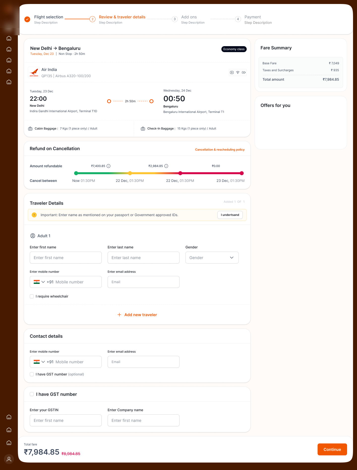 Review visual design · itinerary, refund-on-cancellation gradient timeline, traveller form, fare summary