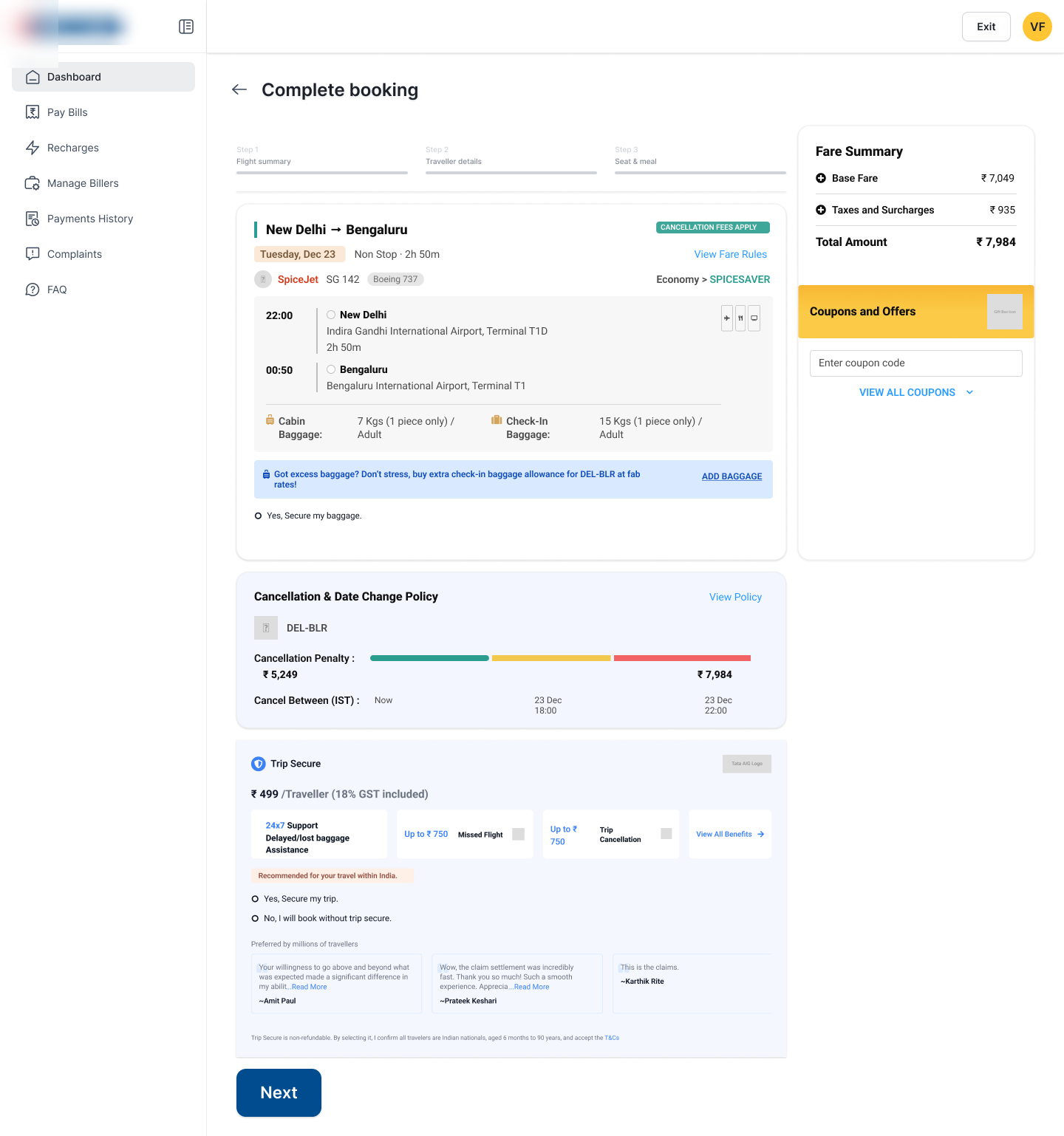 Complete-booking wireframe · itinerary, cancellation policy, fare summary, coupons