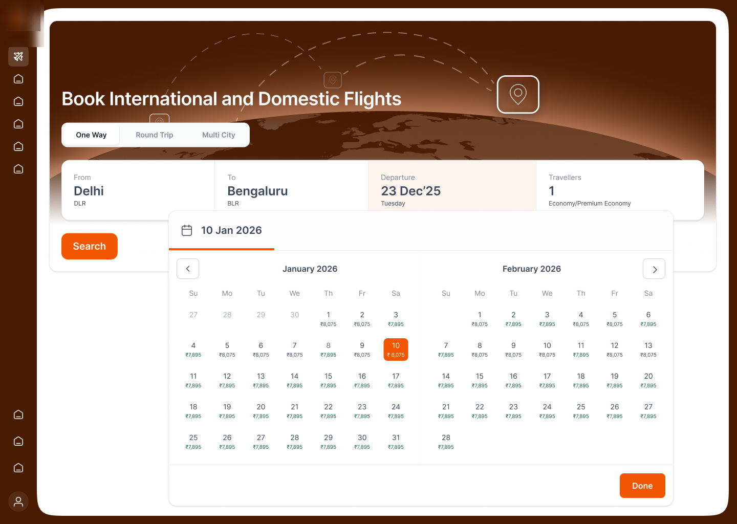 Date picker · dual-month calendar built to carry fares