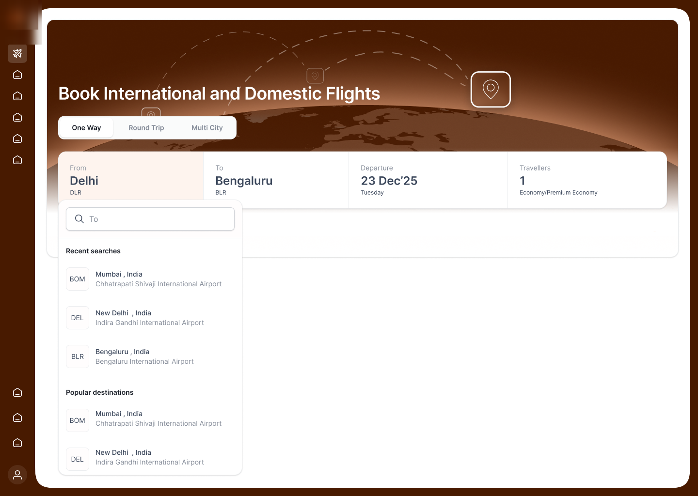 Destination selection with recent searches and popular destinations