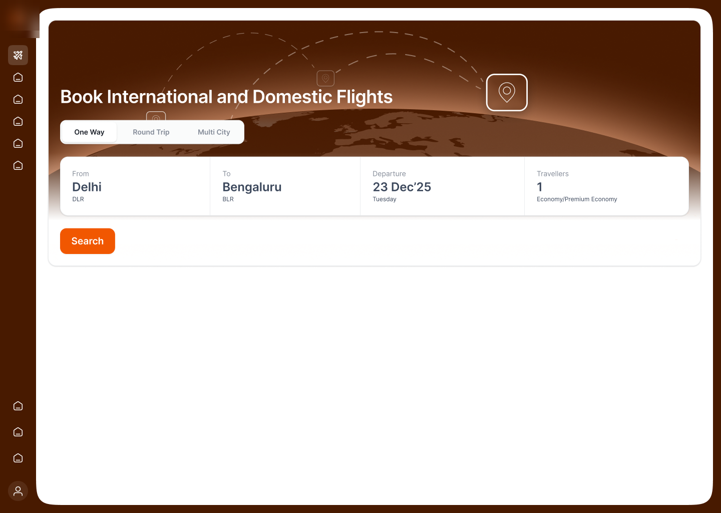 Search visual design · One Way tab, From/To, departure, travellers, Search