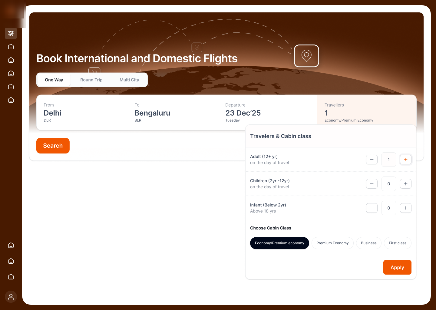 Traveller selection · adults, children, infants, cabin class