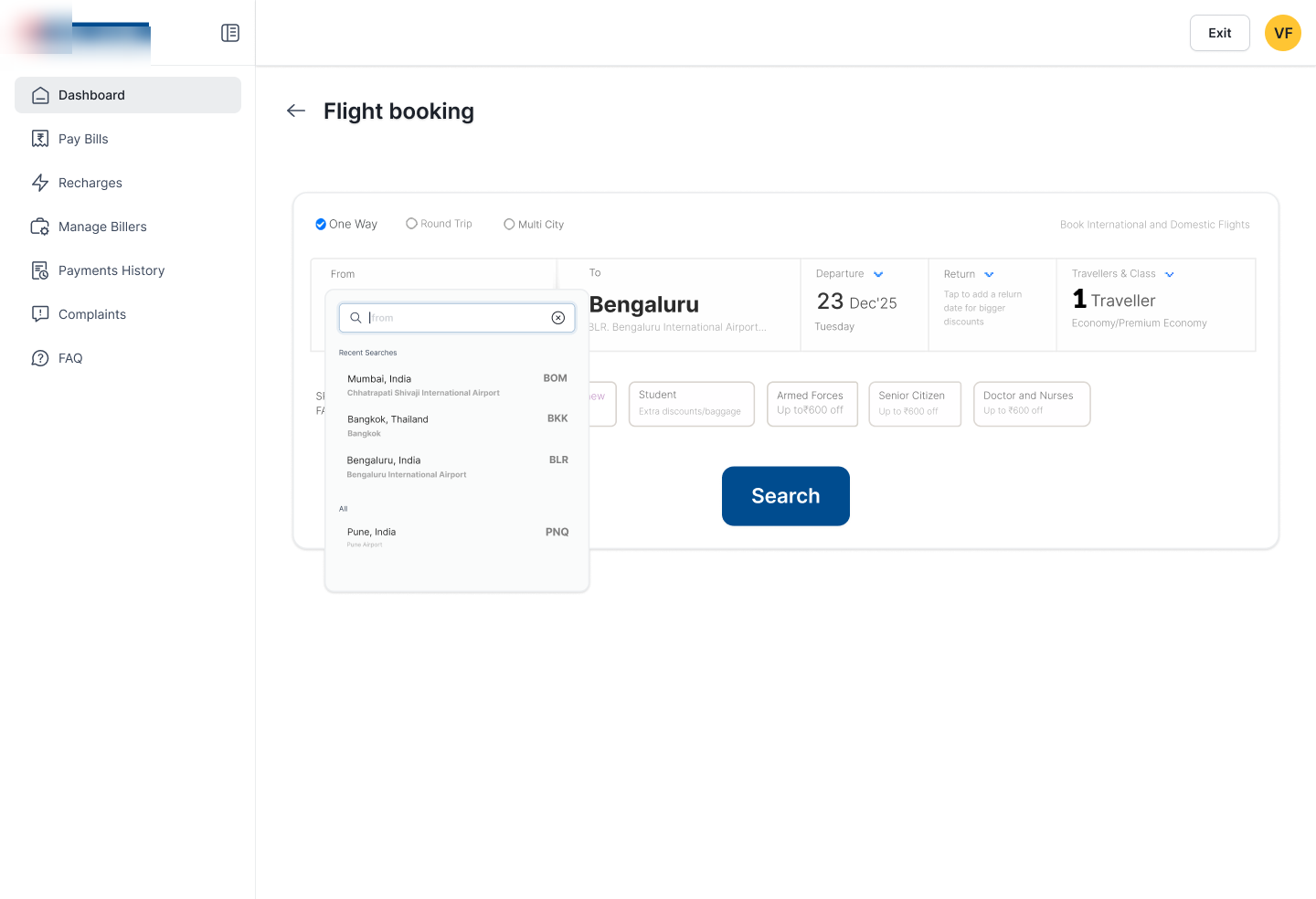 Search wireframe inside a private financial institution's app shell · airport picker, persona discount chips