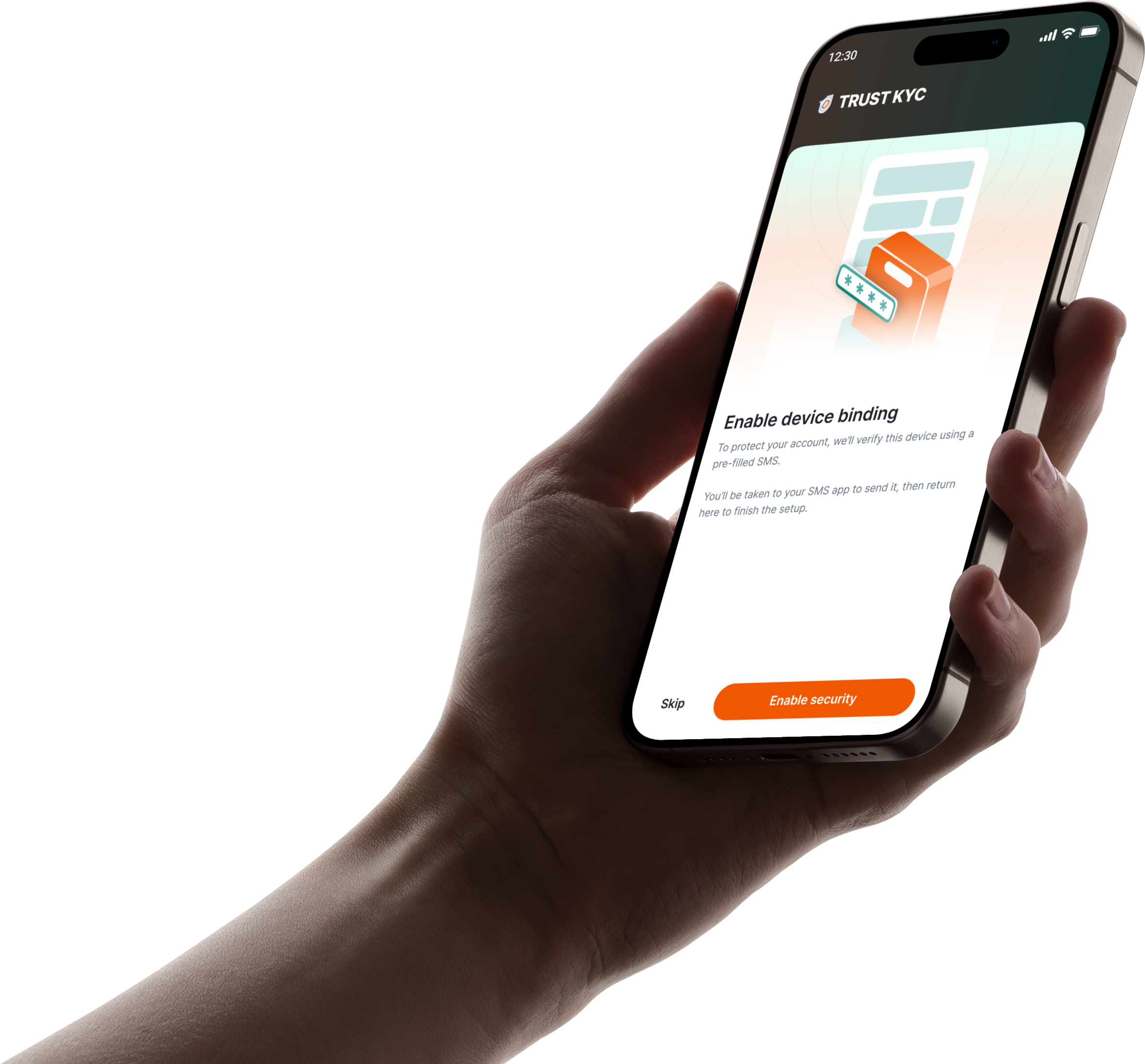 KYC Tokenization · TrustKYC device-binding screen on a phone