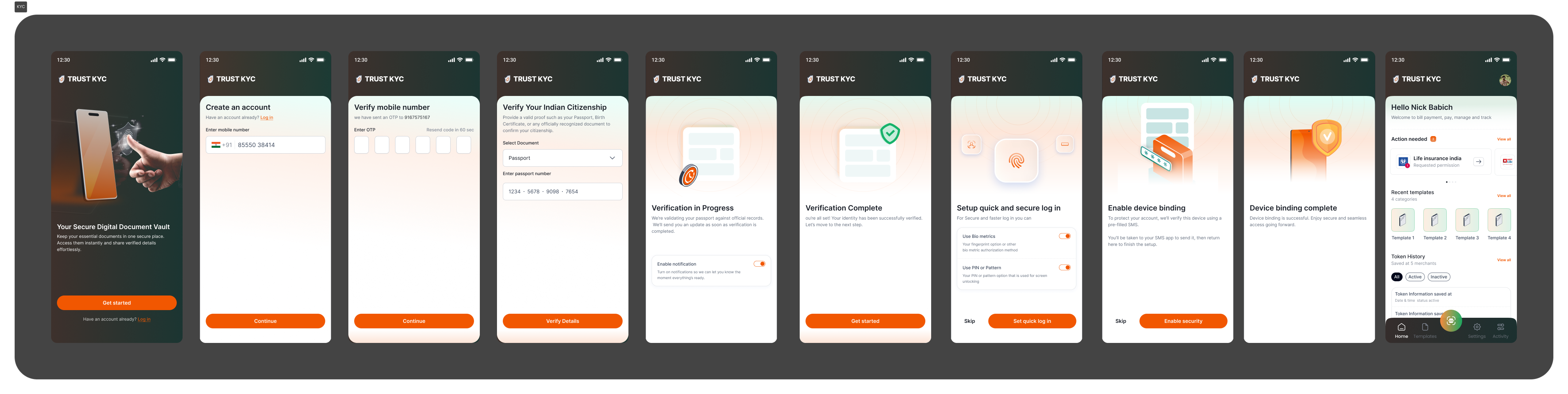 TrustKYC onboarding flow: get started, create account, verify mobile OTP, verify Aadhaar, verification progress, quick login, device binding, home