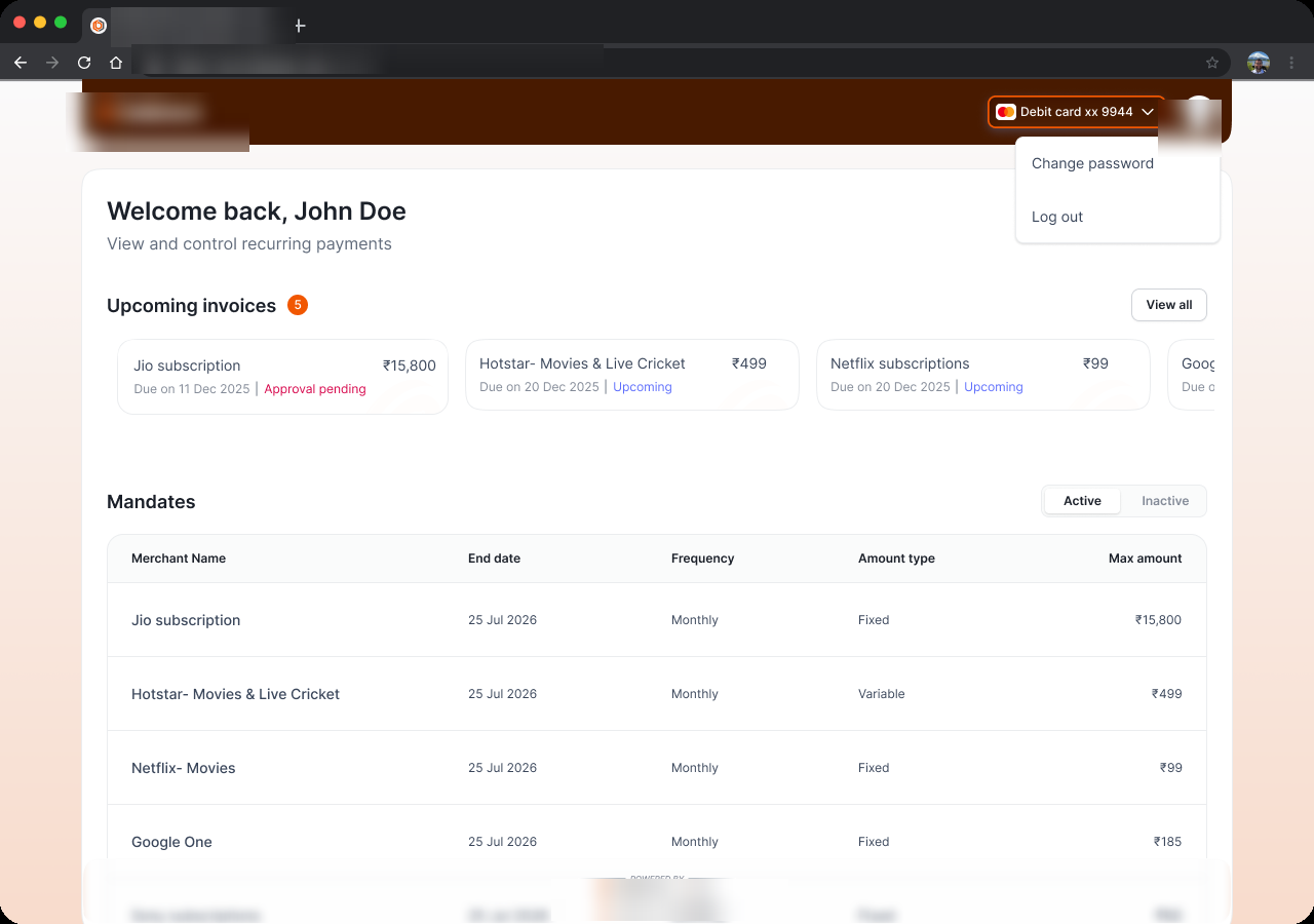 Recurring Payments Hub · subscriptions dashboard on desktop