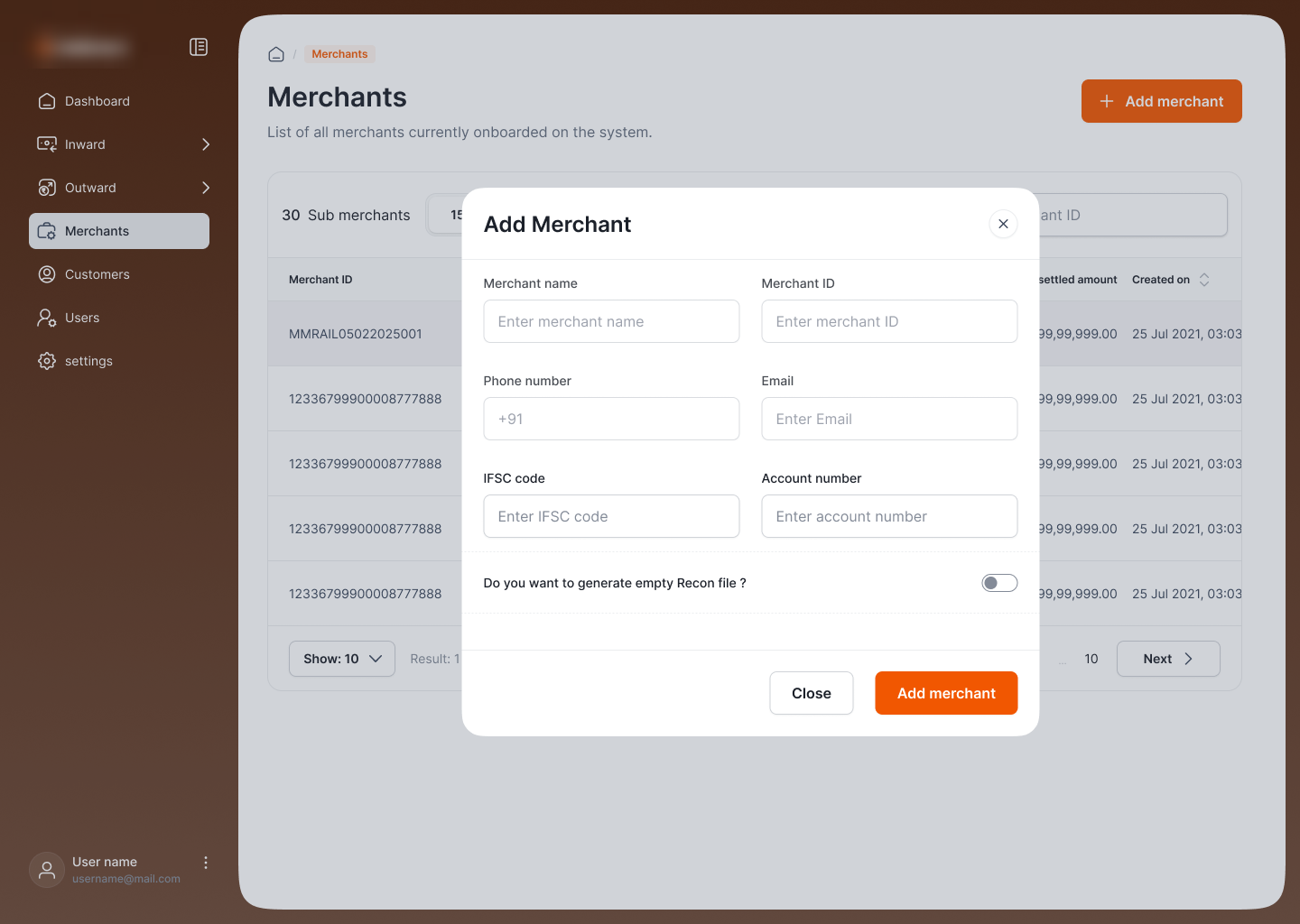 Merchants list with Add Merchant modal showing name, ID, contact, IFSC, account number