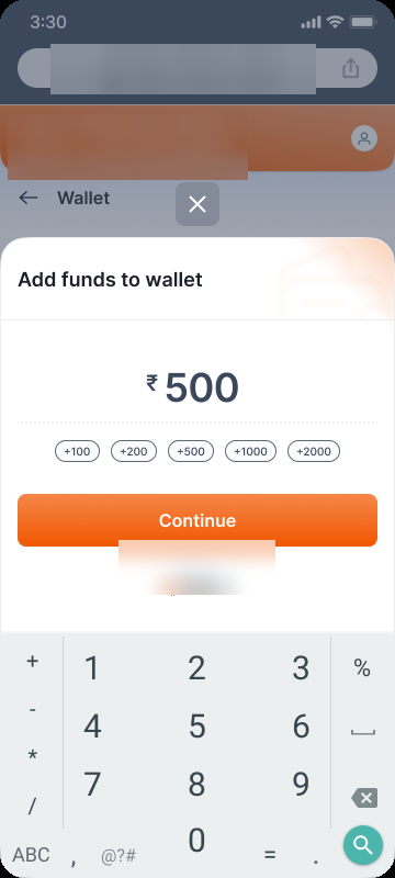 Add funds with ₹500 entered, Continue button active