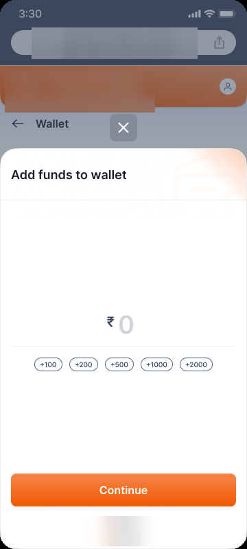 Add funds bottom-sheet with quick-amount chips, amount at zero
