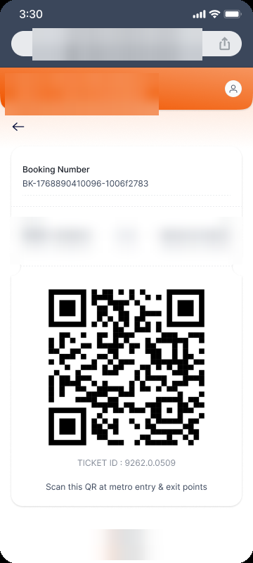 metro QR ticket showing booking number, MIDC-Andheri to Bandra Colony, scan at entry and exit