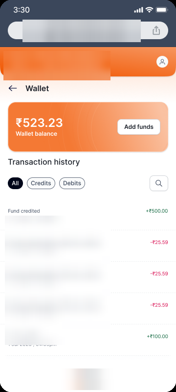 The wallet SDK embedded in a metro operator ticket booking, showing balance and transaction history