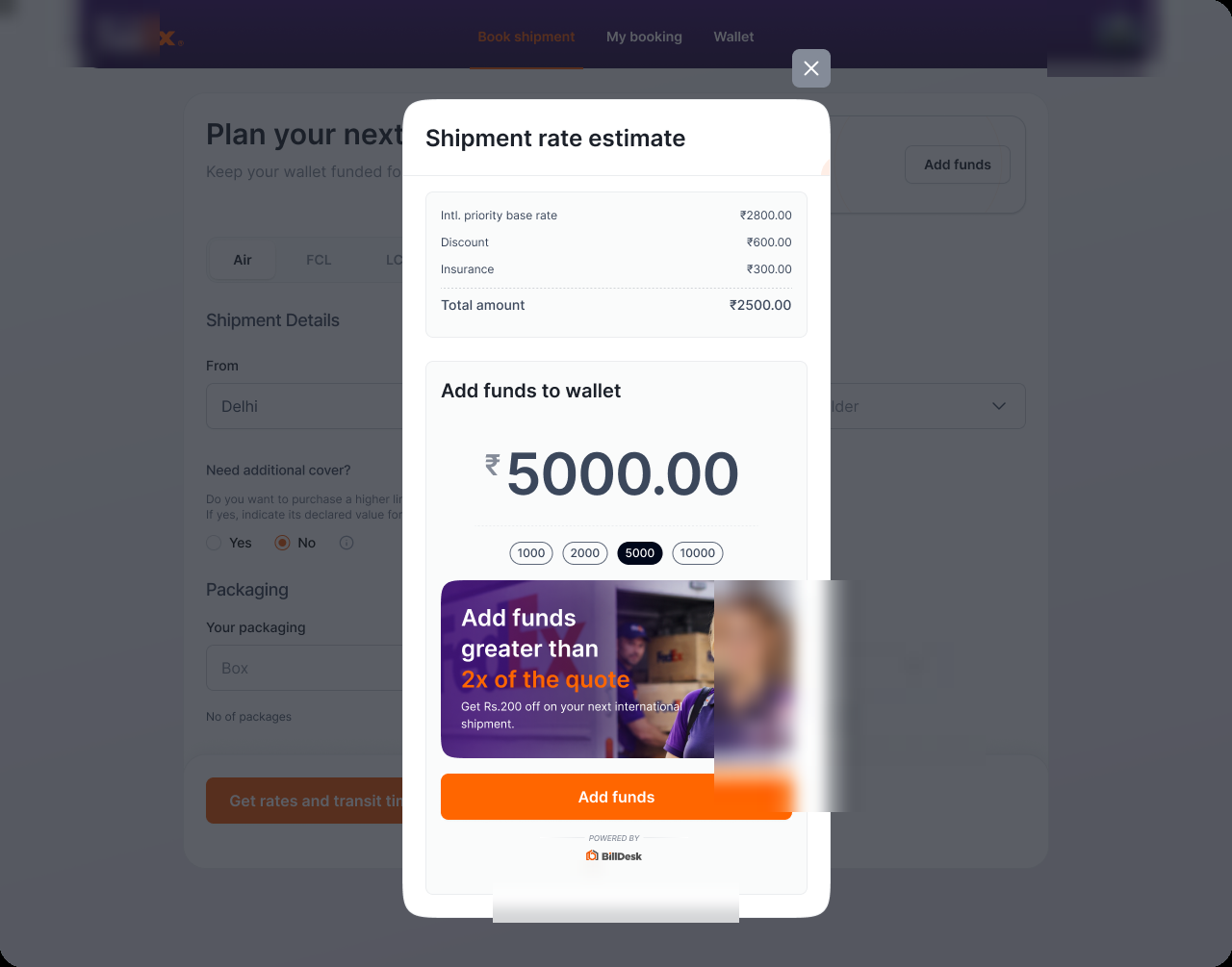 a logistics partner add-funds with ₹5000 selected, 2x-the-quote discount banner