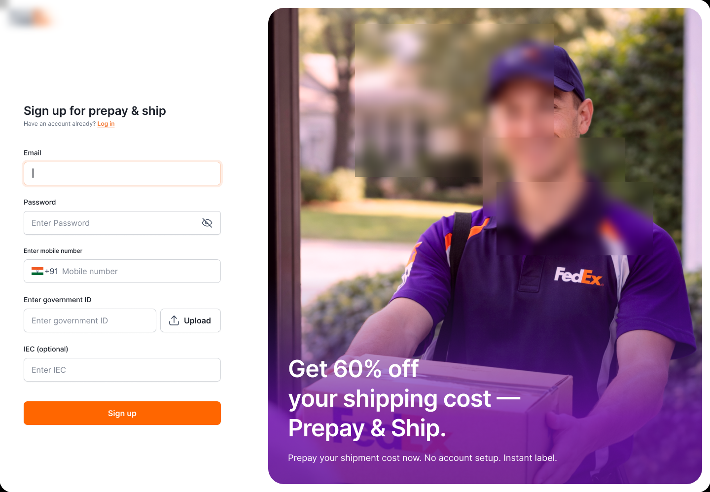 a logistics partner Prepay & Ship sign-up, showing branded form and hero imagery