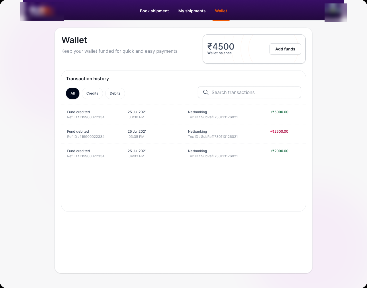 The wallet SDK themed for a logistics partner, with purple chrome, balance and transaction history