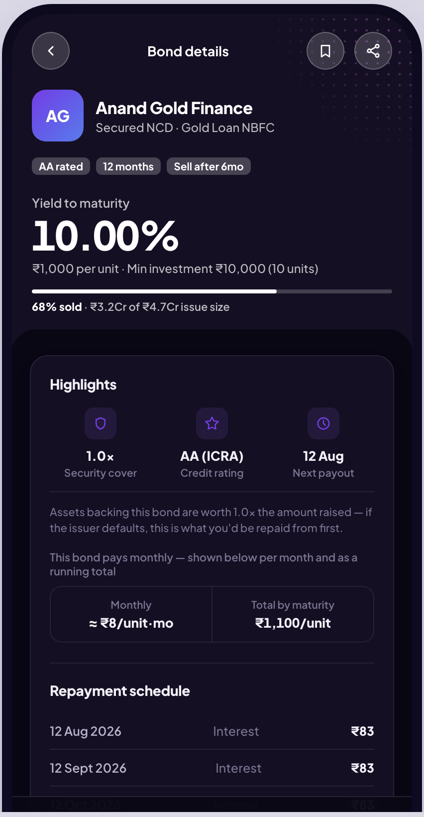Wealth bond detail screen: yield to maturity, security cover, credit rating and next payout